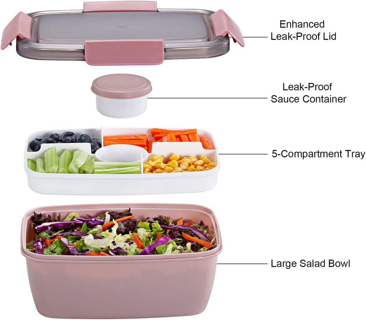 Caperci Large Salad Container Bowl for Lunch - Better Adult Bento Lunch Box 68 oz, 5-Compartment Tray, 2pcs 3-oz Sauce Cups, Stackable, BPA-Free (Navy)