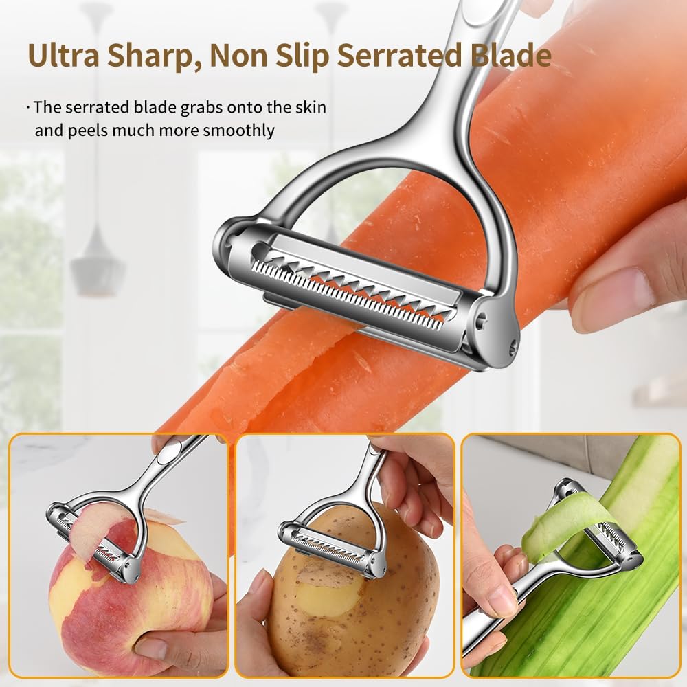 2 in 1 Ultra Sharp Julienne Peeler Vegetable Peeler for Kitchen with Clean Brush, Potato Peeler Y Peelers for Potatoes, Carrots, Fruits, Veggie, 2 Pack