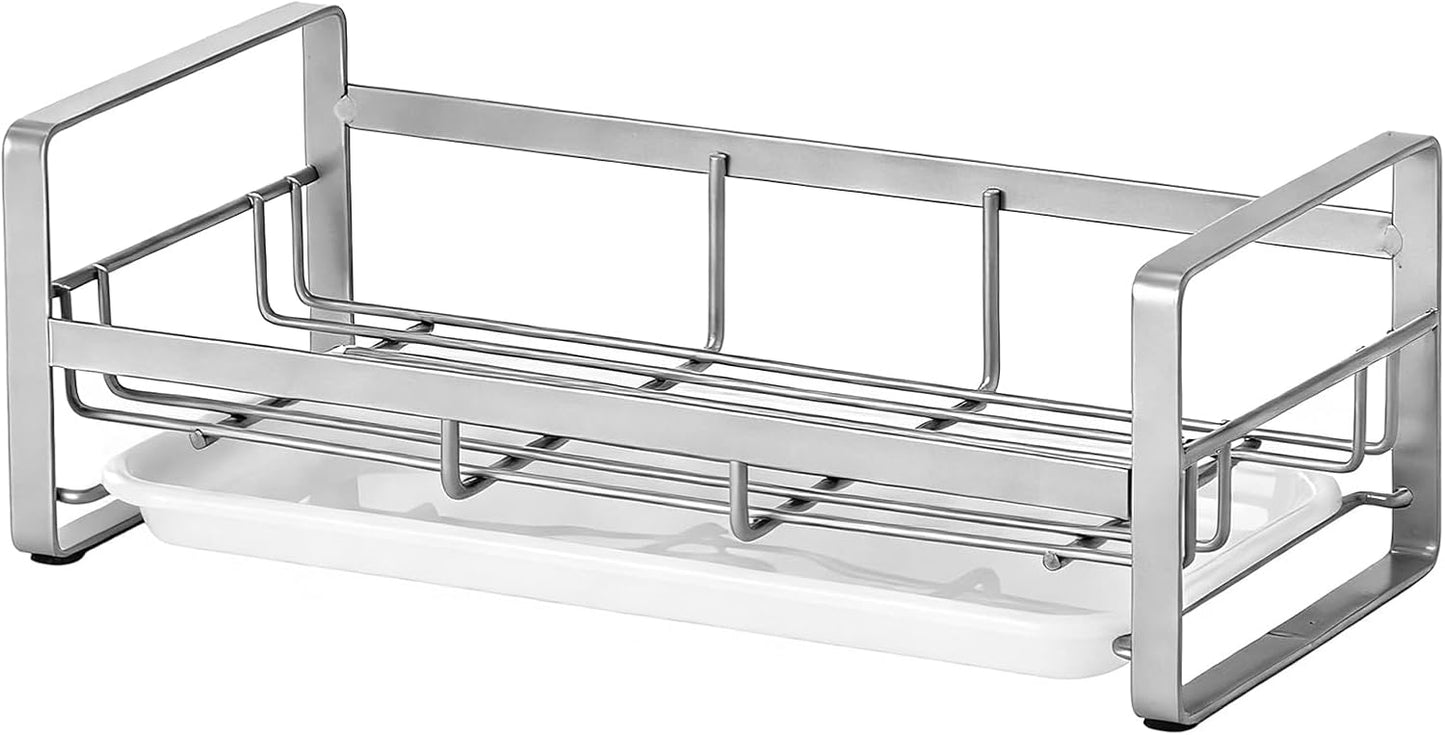 HULISEN Kitchen Sink Sponge Holder, 304 Stainless Steel Kitchen Soap Dispenser Caddy Organizer, Countertop Soap Dish Rack Drainer with Removable Drain Tray, not Including Dispenser and Brush