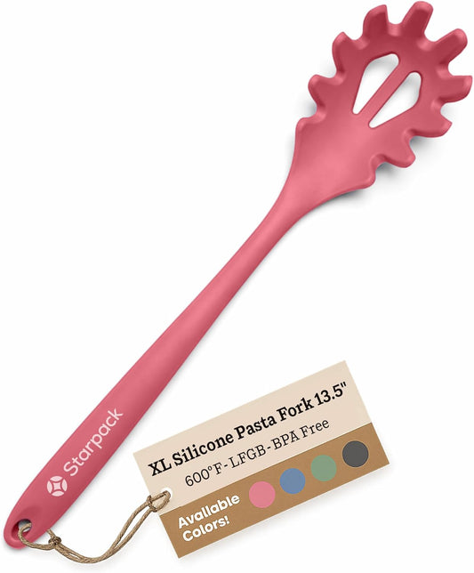 Starpack XL Premium Silicone Pasta Fork (13.5") - Spaghetti Spoons High Heat Resistant to 600°F - Silicone Pasta Spoon Strainer - Server Spoon with Teeth - Server Utensil for Pastas