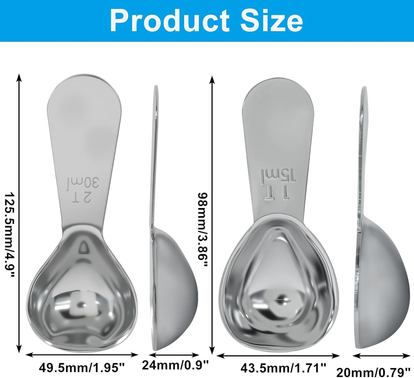 2Pcs Stainless Steel Coffee Scoop, Short Handles Coffee Spoons (1&2 Tablespoon Measure Spoon), Ergonomics Design Scooper for Coffee, Loose Tea, Sugar, Flour(Silver,15ml+30ml)