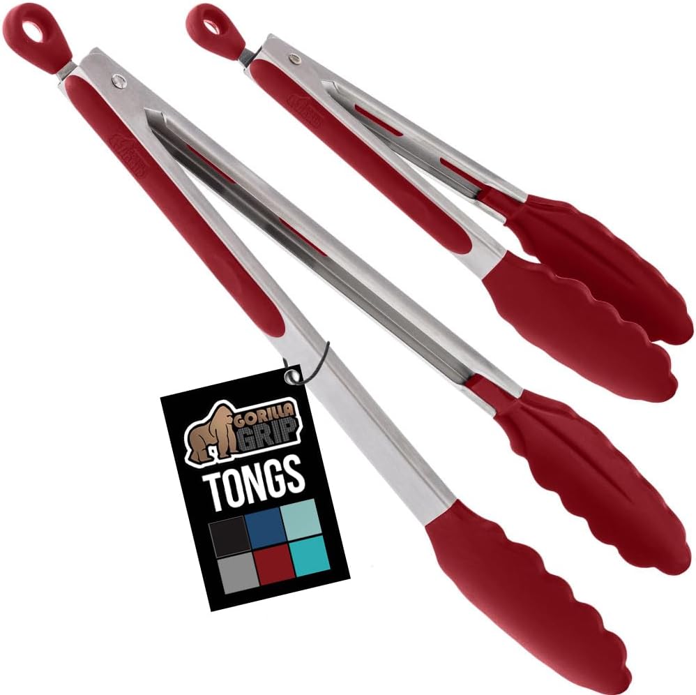 GORILLA GRIP Stainless Steel Heat Resistant Kitchen Tongs for Cooking, Set of 2 BBQ Tong, Non Scratch Silicone Tip for Pans, Strong Grip, Grab Food, Toss Salad, Air Fryer, Pull Lock, 7 + 9 Inch, Black