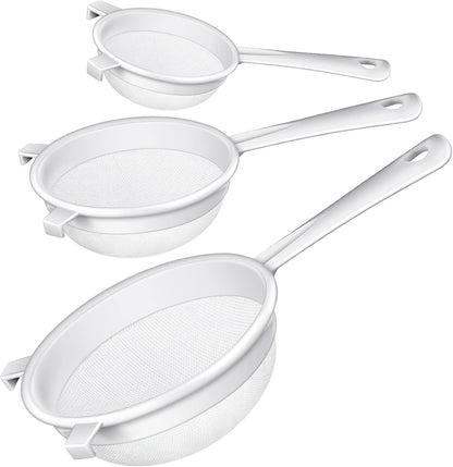 3 Pcs Plastic Nylon Mesh Strainer Colander with Handle Double Ear Fine Food Mesh Strainer Flour Sifter for Baking Kitchen Colander Sifter Kefir Tea Juice Pasta(3 Inch, 4 Inch, 5.5 Inch)