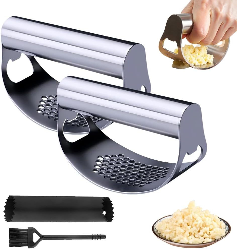 Garlic Press Rocker, Portable Manual Stainless Steel Garlic Press Rocker Crusher Masher with Garlic Peeling Drum for Home Kitchen Utensils (Silver*1)