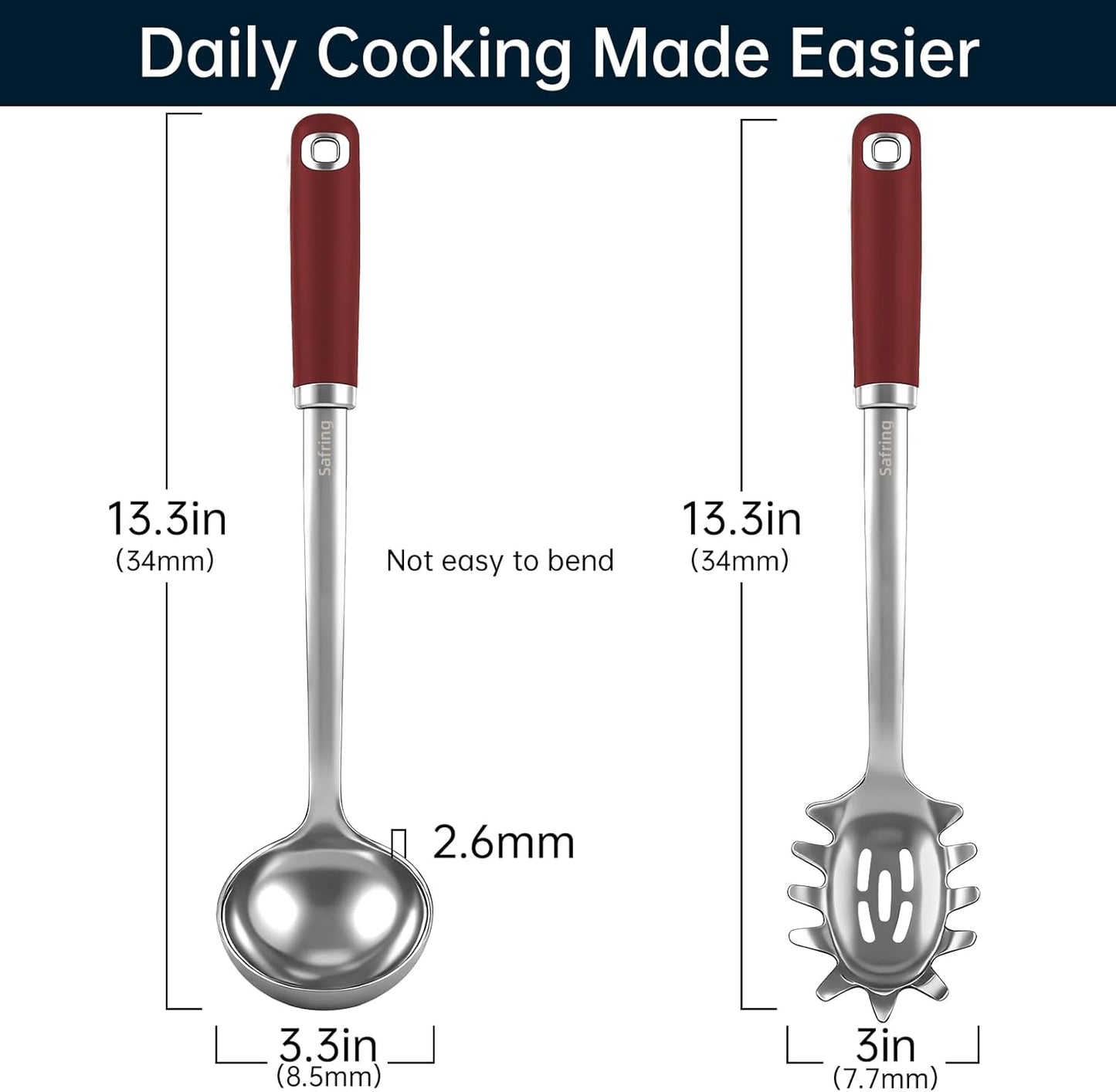 Safring Stainless Steel Soup Ladle and Spaghetti Spoon Set, Heat Resistant Rubber Handle, Dishwasher Safe, Kitchen Utensils for Cooking, Stirring, Serving Pasta, Soup & Sauce
