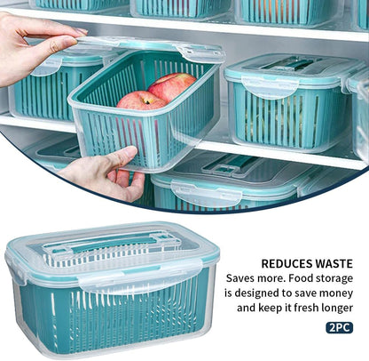 2 Pack Fruit Storage Containers for Fridge,Stackable Fresh Food Produce Saver Containers with Removable Colander, Vegetable Lettuce Keeper Bowl(Blue)