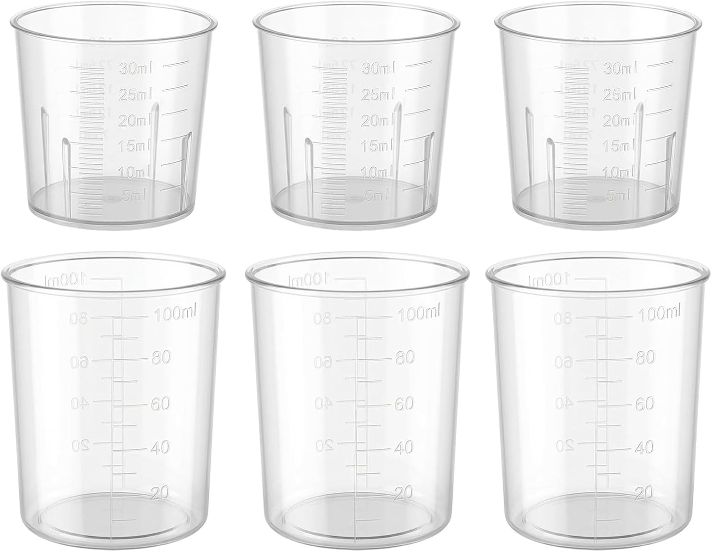 6 Pack Ounce Measuring Cup Set, 1 Oz (30 Ml) and 3.4 Oz (100 Ml) Small Measuring Cups Liquid, Plastic Clear Graduated Beakers for Mixing Cooking Baking Kitchen Crafts Lab