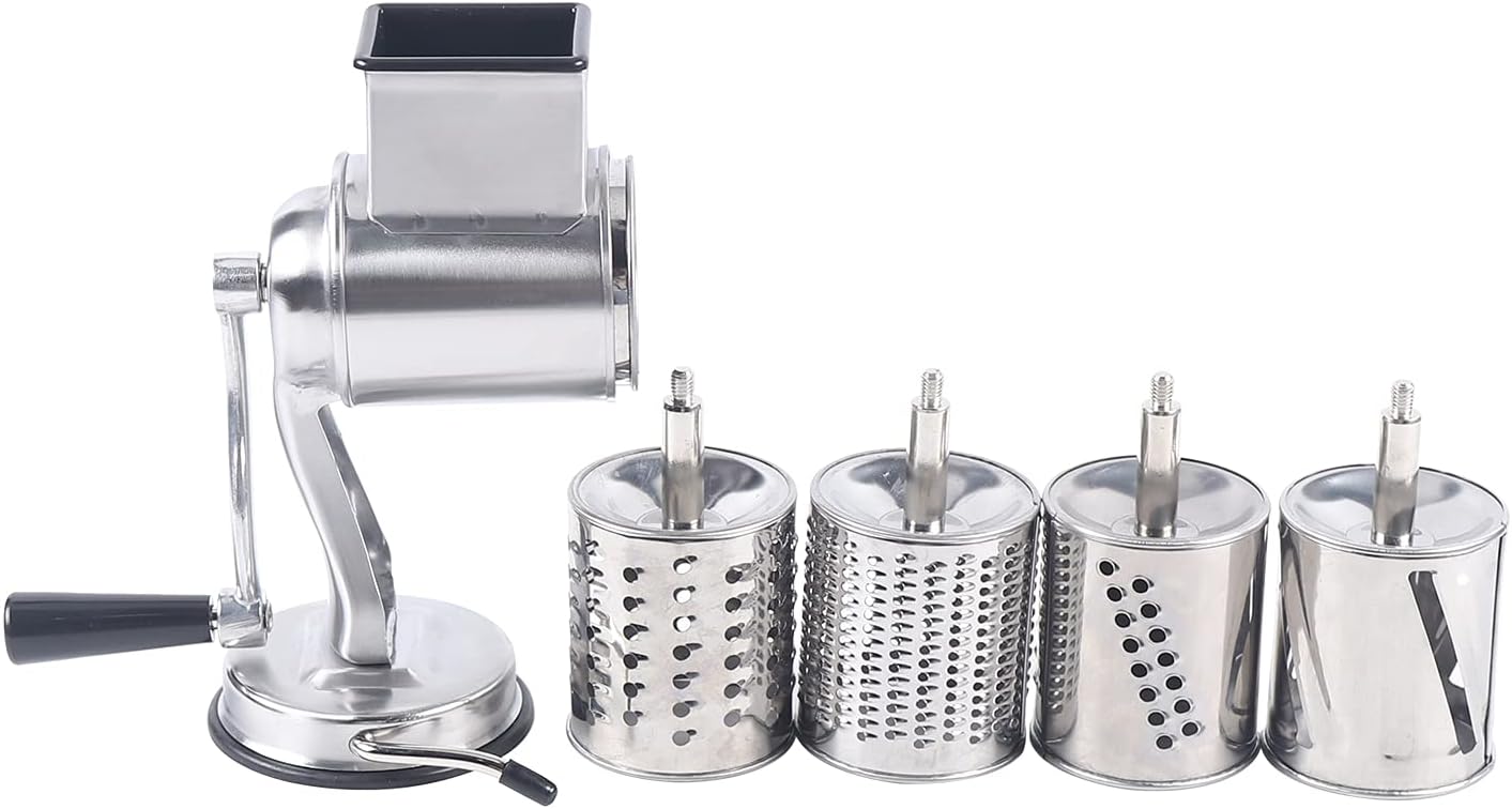 5-in-1 Rotary Cheese Grater Hand Drum Slicer Manual Cheese Shredder Multi-function Stainless Steel Vegetable Chopper Cutter with 5 Blades for Fruit Potato Cucumber Lemon Nut, Silver (Type2)