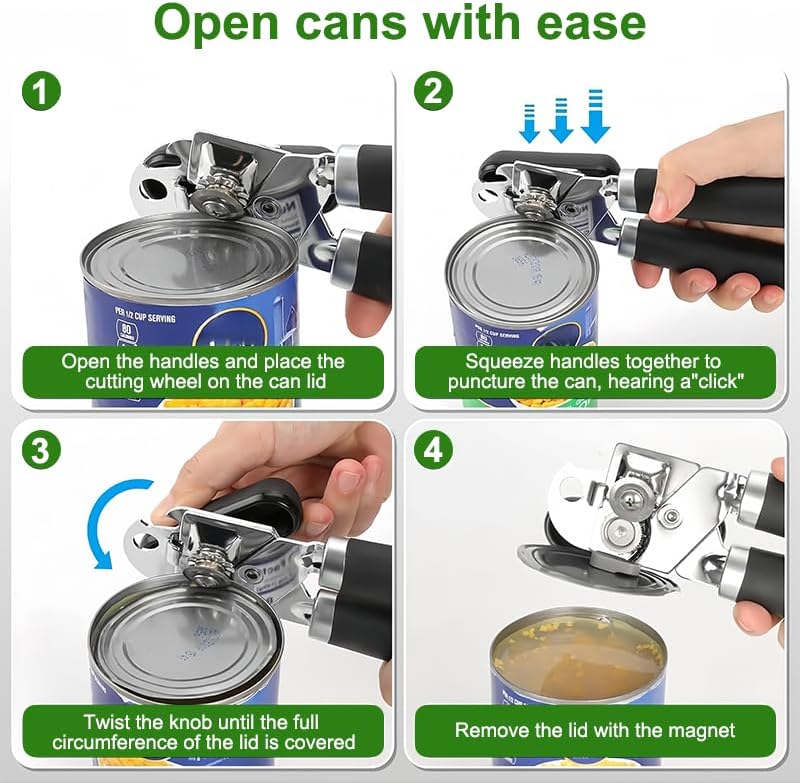 Can Opener Manual, Handheld Strong Stainless Steel Can Opener, Comfortable Handle, Sharp Blade Smooth Edge, Can Openers with Multifunctional Bottle Opener, Black
