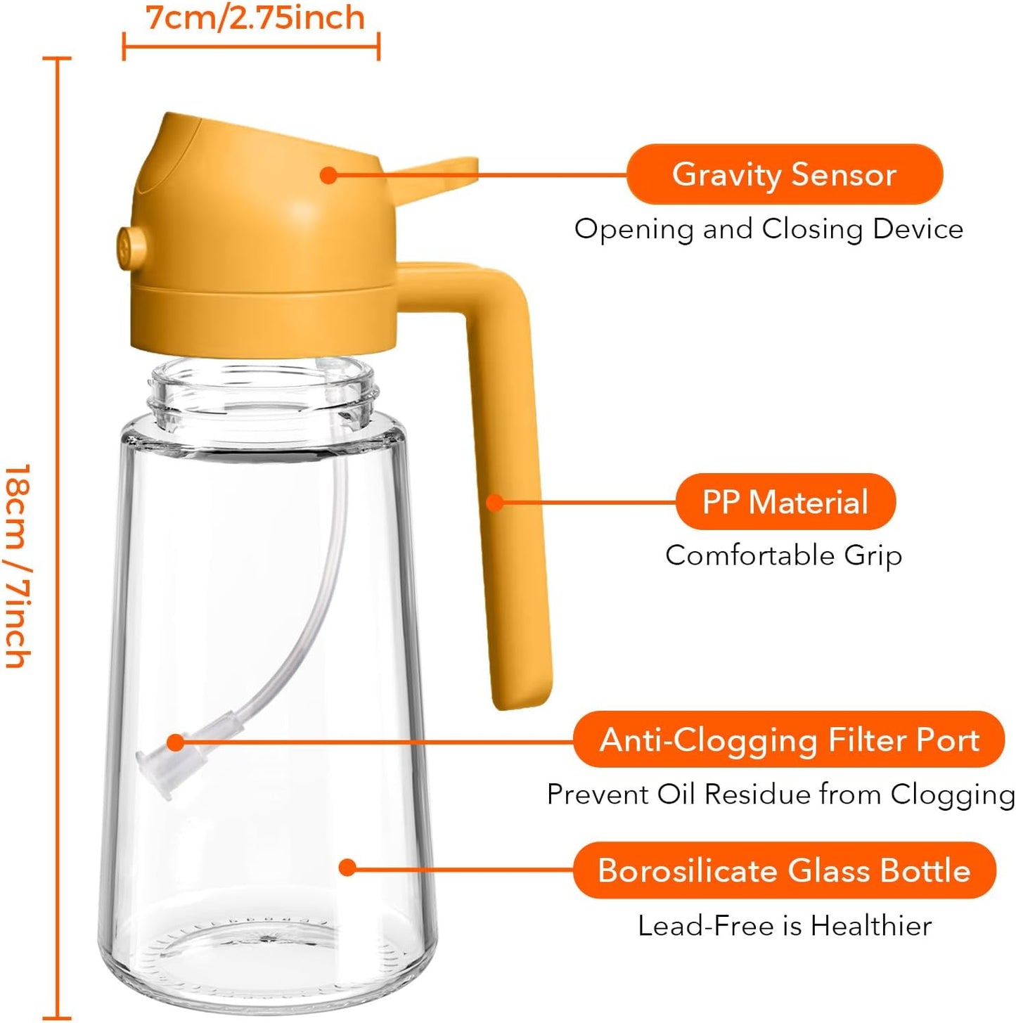 YARRAMATE 16oz/470ml Glass Olive Oil Sprayer for Cooking with Stickers, 2 in 1 Oil Dispenser for Kitchen Gadgets, Food Grade Premium Spray Bottle with Portion Control for Salad, Frying, BBQ (Black)