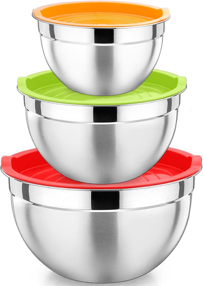 P&P CHEF Khaki Mixing Bowls with Lids, Set of 3, Stainless Steel Salad Nesting Bowl for Mixing, Storing, Prepping, Airtight & Stackable, Size 4.6/3 /1.5 QT