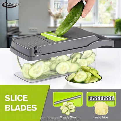 All-In-One, 12 Blade Mandoline Slicer, Vegetable Spiralizer, Cutter, Dicer, Food Chopper, Grater, Kitchen Gadgets Sets with ContainerPro Onion Chopper Veggie Chopper With Container(Grey green) slicer