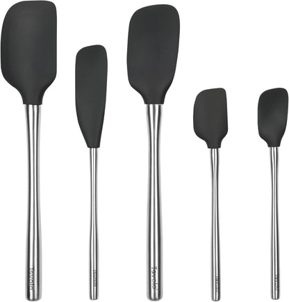 Tovolo Stainless Steel Handled Silicone Spatula Set of 5 White, Dishwasher Safe Kitchen Spatula Set for Cooking Baking, Non Toxic BPA Free Silicone Spatula set with Metal Steel Handle