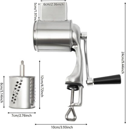 DYNAMI 5 in 1 Stainless Steel Rotary Grater,Kitchen Grater Vegetable Slicer,Cheese Rotary Chopper Food Mills With 5 Stainless Drum,for Home Kitchen Restaurant (Clamping type,Silver)