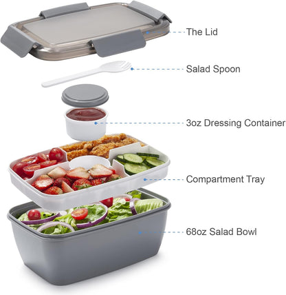 Freshmage Salad Lunch Container To Go, 52-oz Salad Bowls with 3 Compartments, Salad Dressings Container for Salad Toppings, Snacks, Men, Women (Blue)