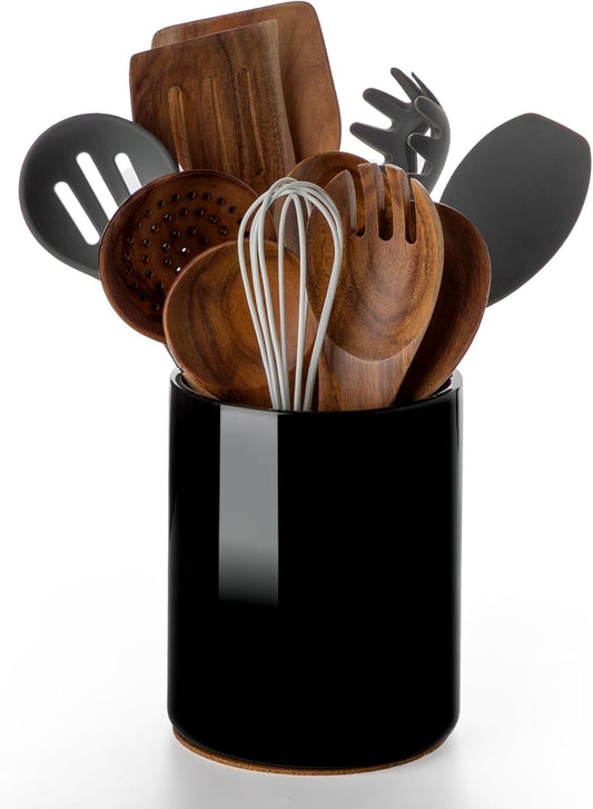 Nucookery Utensil Holder, 6.4" Ceramic Kitchen Utensil Holder for Countertop with Protection Cork Bottom, Vintage Farmhouse Kitchen Decor for Counter, Gift (Sand)