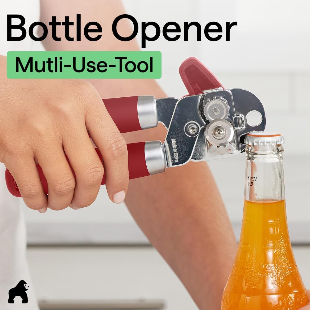 GORILLA GRIP Heavy Duty Stainless Steel Smooth Edge Manual Can Opener and Bottle Openers, US Designed, Soft Comfortable Handle, Oversized Handheld Turn Knob, Multifunctional Kitchen Tool, Black