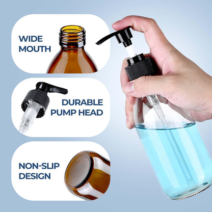 8 oz Amber Glass Pump Bottle, 250ml Glass Soap Dispenser Bottle for Body Lotion Massage Oil, Refillable Empty Hand and Dish Soap Dispensers Set with Labels - 2 Pack