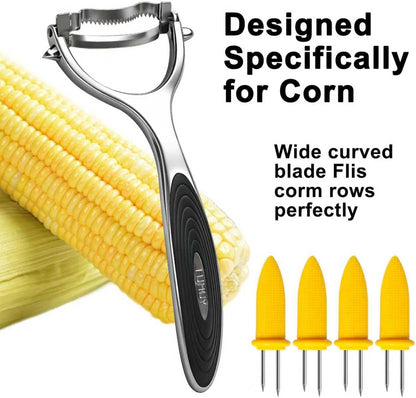 Corn Peeler Tool Set, Stainless Steel Corn Kernel Remover with Serrated Blade, Ergonomic Non-Slip Handle, Includes Corn Holders for Easy Corn Cutting