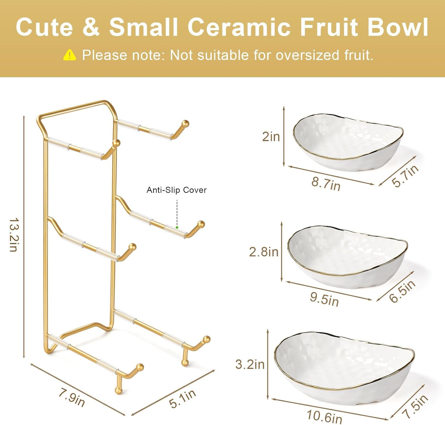 Fruit Bowl for Kitchen Counter, 3 Tier Ceramic Fruit Basket with Metal Stand, Tiered Fruit Stand for Countertop, Modern Multi Serving Bowl for Party Dessert, Vegetable, Snack