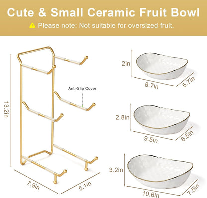 Fruit Bowl for Kitchen Counter, 3 Tier Ceramic Fruit Basket with Metal Stand, Tiered Fruit Stand for Countertop, Modern Multi Serving Bowl for Party Dessert, Vegetable, Snack