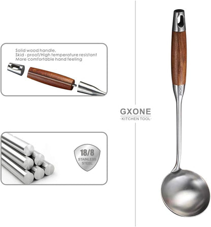 Slotted Spoon,304 Stainless Steel Skimmer Spoon with Heat Resistant Wooden Handle,Silver/15.8Inch