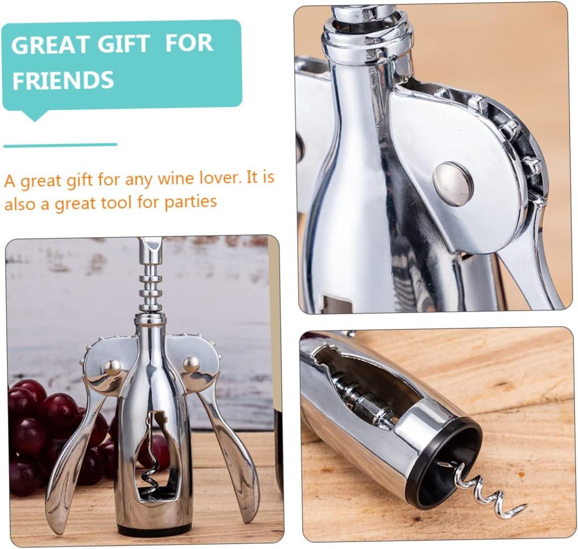 IMIKEYA Reusable Zinc Alloy Wing Corkscrew Wine Opener Cap Remover Manual Bottle Opener for Home Bar Picnic and Party Use