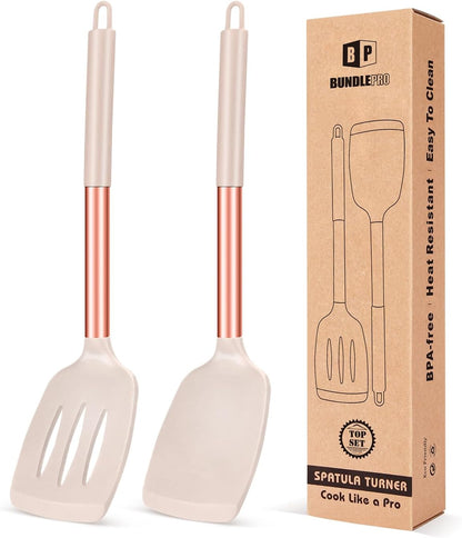 Pack of 2 Silicone Solid Turner, Non Stick Slotted Kitchen Spatulas, High Heat Resistant BPA Free Cooking Utensils, Ideal Cookware for Fish, Eggs, Pancakes(Black)
