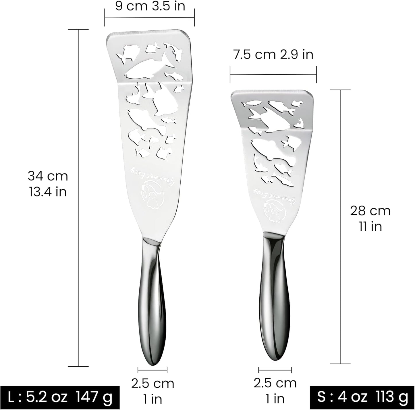 Stainless Steel Fish Spatula Set – 1 Large Fish Turner + 1 Small Metal Spatula, Ultra-Thin Edge for Easy Turning & Flipping, Metal Kitchen Utensils with Ergonomic Non-Slip Handle, Dishwasher Safe