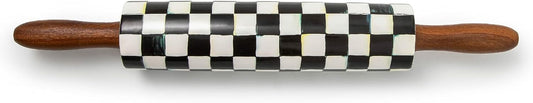 MACKENZIE CHILDS Ceramic Rolling Pin, Decorative Roller Pin for Baking, 17.5 Inches, Black-and-White Courtly Check