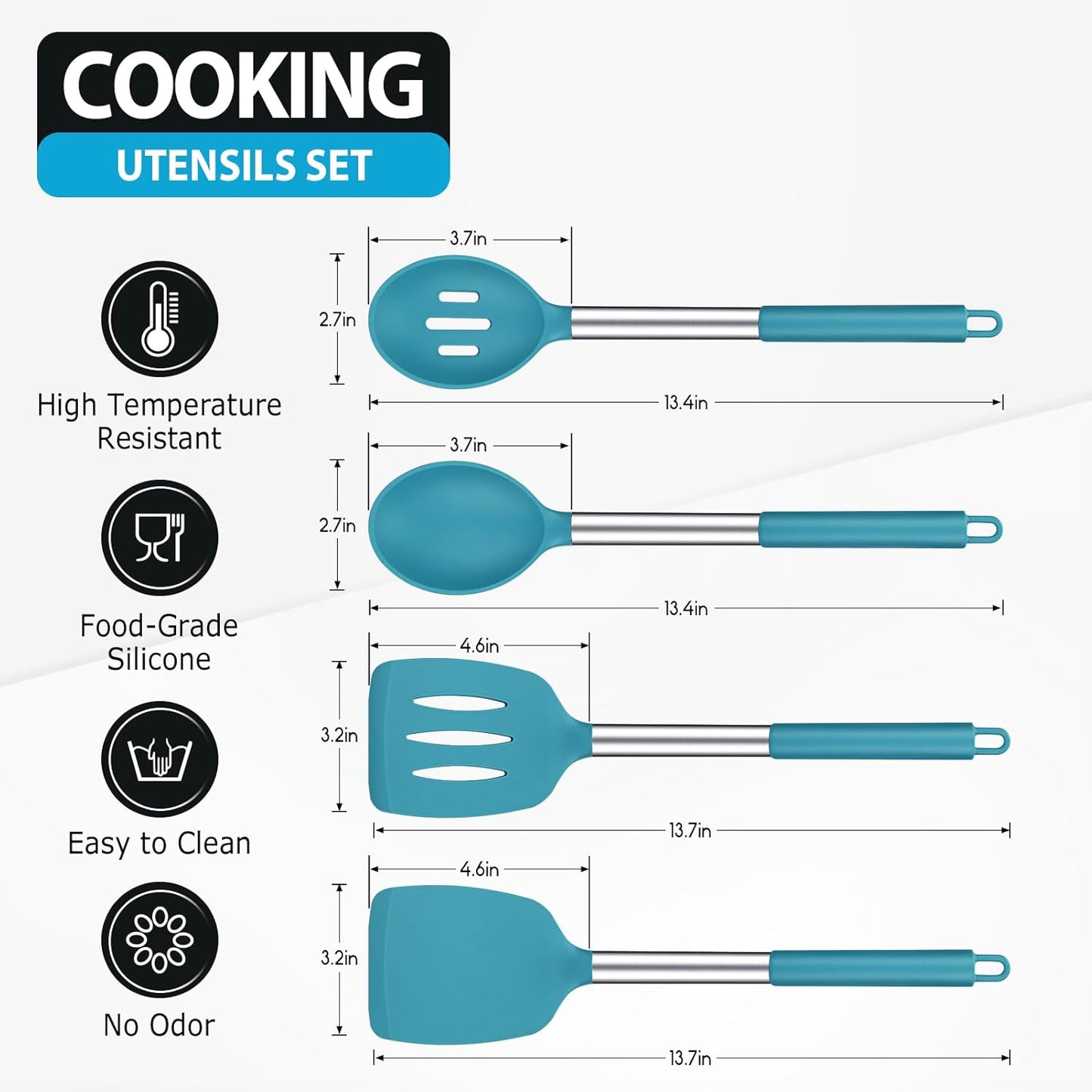 Pack of 4 Large Silicone Cooking Spatulas and Spoons, Slotted and Solid Stainless Steel Cooking Utensils Set, Non-stick Heat Resistant Kitchen for Baking, Fried, Stir-Fry, Mixing, Serving (Black)