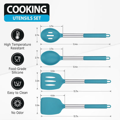 Pack of 4 Large Silicone Cooking Spatulas and Spoons, Slotted and Solid Stainless Steel Cooking Utensils Set, Non-stick Heat Resistant Kitchen for Baking, Fried, Stir-Fry, Mixing, Serving (Black)