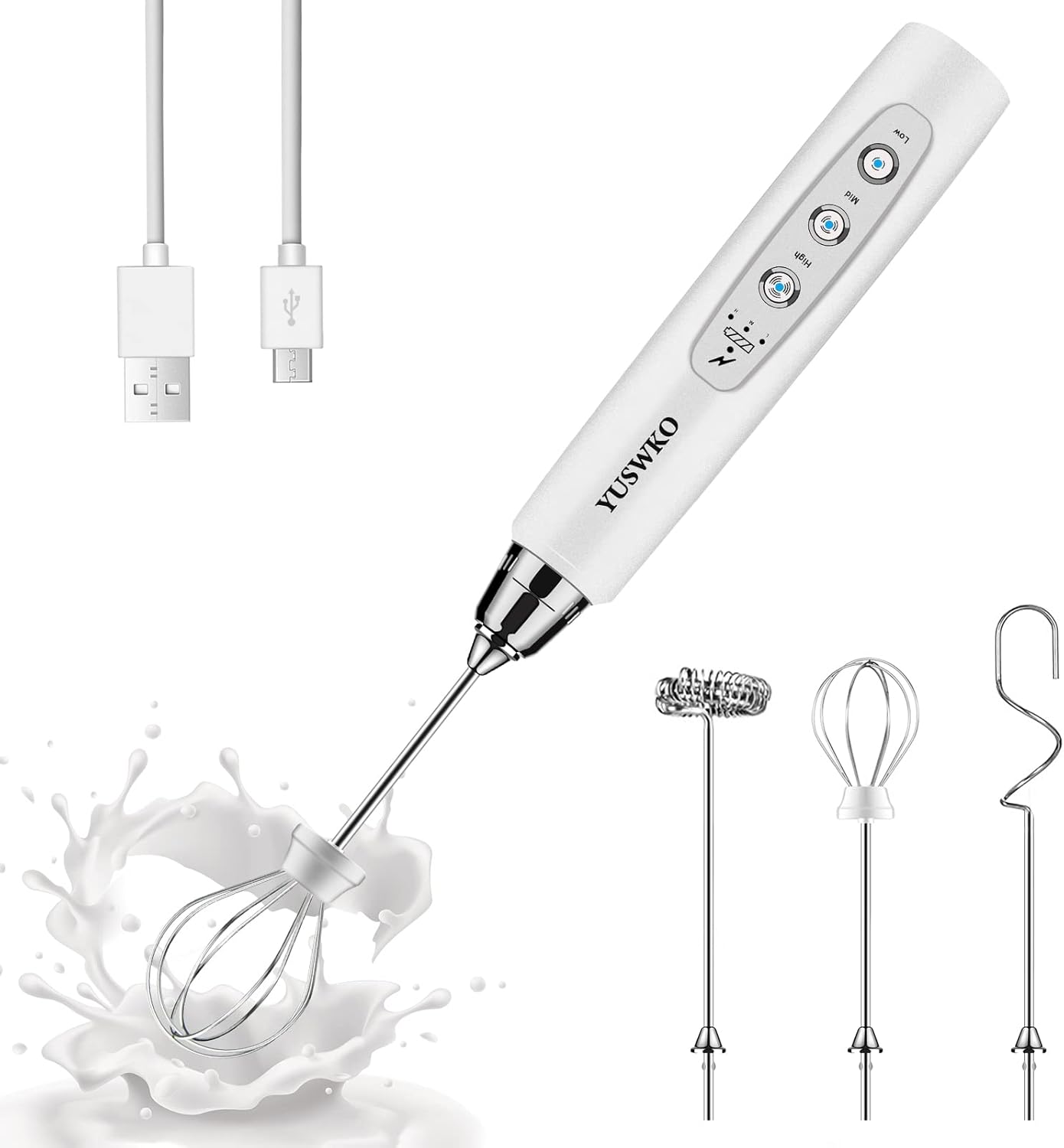 YUSWKO Black Handheld Milk Frother Wand for Coffee, Rechargeable Electric Whisk with 3 Heads 3 Speeds Drink Mixer Coffee Frother For Latte, Cappuccino, Hot Chocolate, Egg