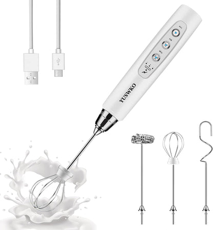 YUSWKO Black Handheld Milk Frother Wand for Coffee, Rechargeable Electric Whisk with 3 Heads 3 Speeds Drink Mixer Coffee Frother For Latte, Cappuccino, Hot Chocolate, Egg