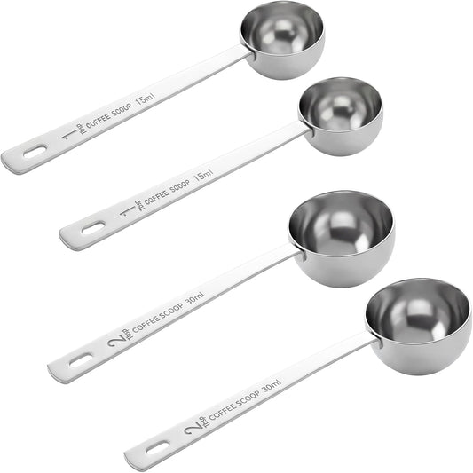 4PCS Stainless Steel Coffee Scoop Set, 1 Tbsp (15ml) & 2 Tbsp (30ml) Coffee Measuring Spoons, Metal Long Handle Measuring Spoons for Ground Coffee Tea Spices and Powder
