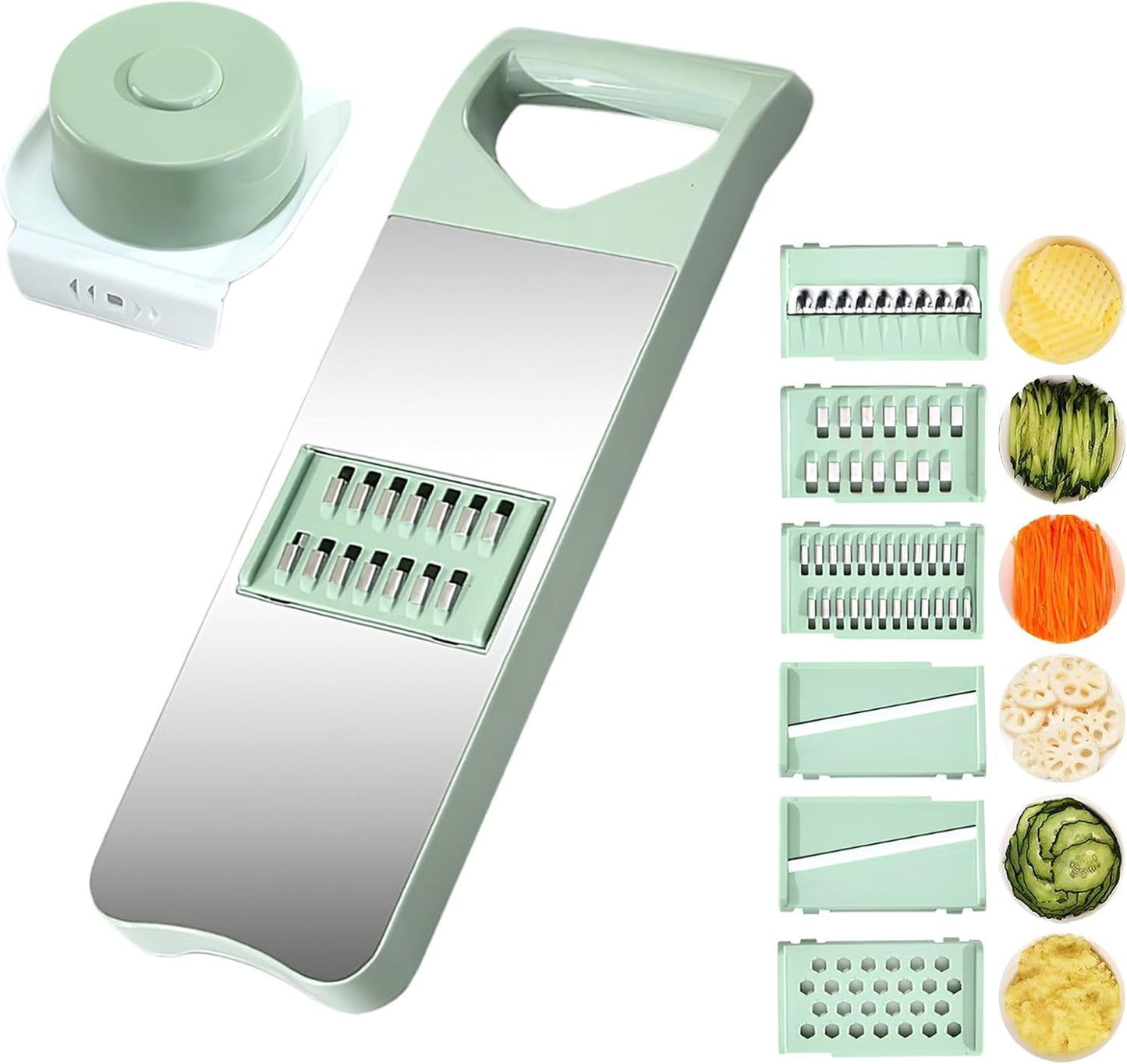 Vegetable Chopper, Mandoline Food Slicer Cutter with Handheld Container, 6 Blades and Blade Box, Cucumber Slicer, Magnetic Kitchen Tools for Veggie Potato Onion Carrot (Green(No magnet), 7 in 1)