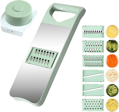 Vegetable Chopper, Mandoline Food Slicer Cutter with Handheld Container, 6 Blades and Blade Box, Cucumber Slicer, Magnetic Kitchen Tools for Veggie Potato Onion Carrot (Green(No magnet), 7 in 1)
