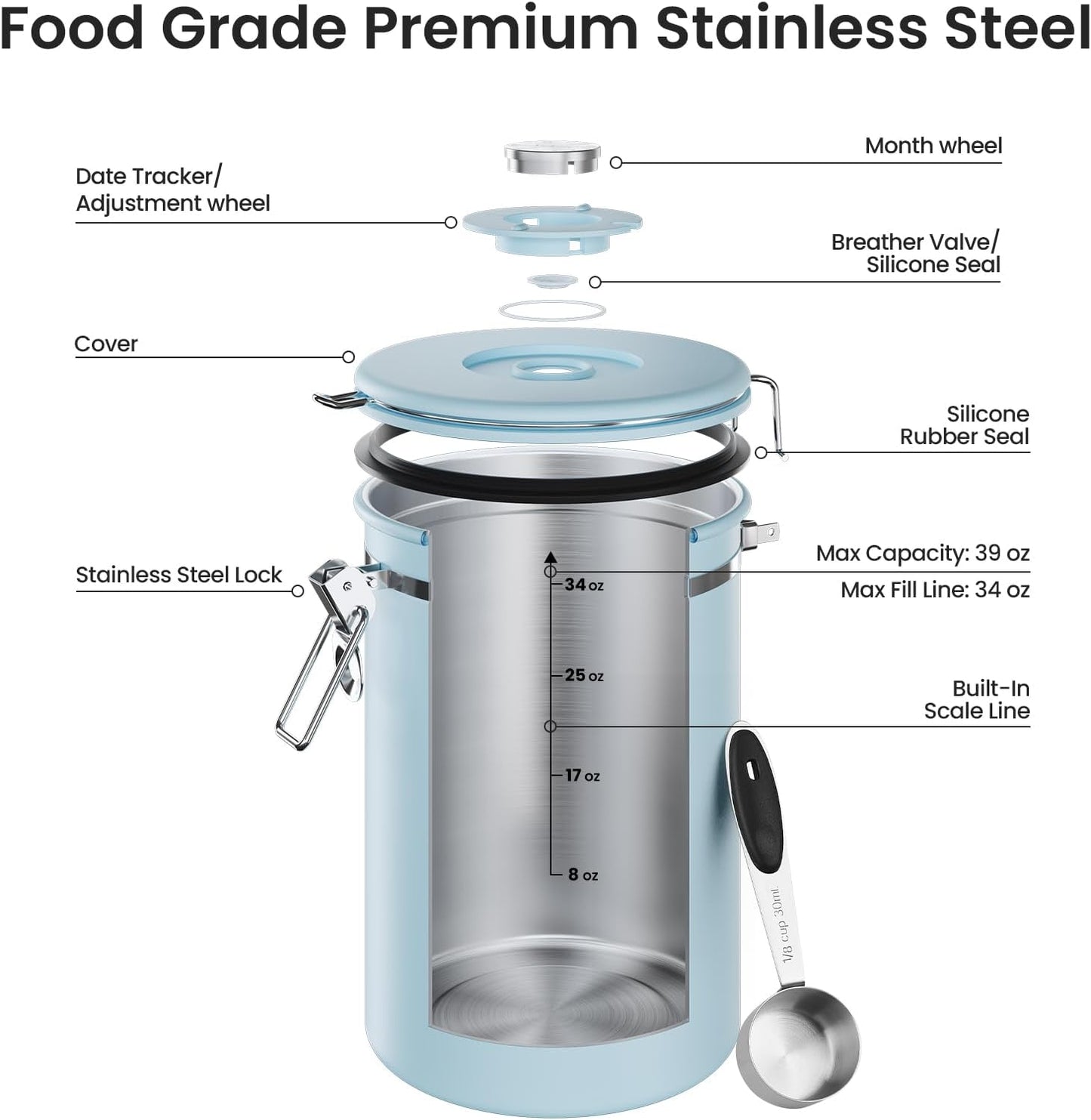 Veken Coffee Canister, Airtight Stainless Steel Kitchen Food Storage Container with Date Tracker and Scoop for Beans, Grounds, Tea, Flour, Cereal, Sugar, Cookie, 16OZ, Cream