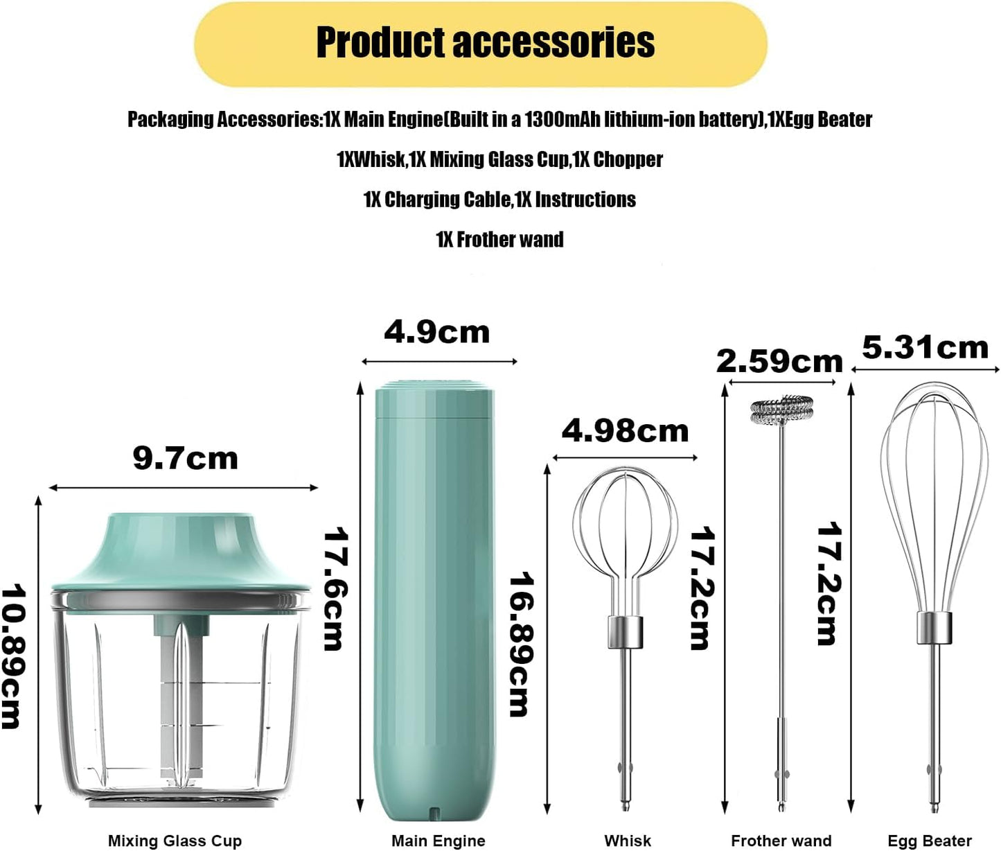Cordless Hand Mixer MixgoII, Handheld Mixer Electric Whisk & Milk Frother, Hand Held Mini Mixers, Rechargeable Hand Mixer and Whisker, Food Processor for Cooking, Food Chopper, 4-Speed, 10Oz