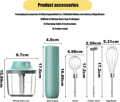 Cordless Hand Mixer MixgoII, Handheld Mixer Electric Whisk & Milk Frother, Hand Held Mini Mixers, Rechargeable Hand Mixer and Whisker, Food Processor for Cooking, Food Chopper, 4-Speed, 10Oz