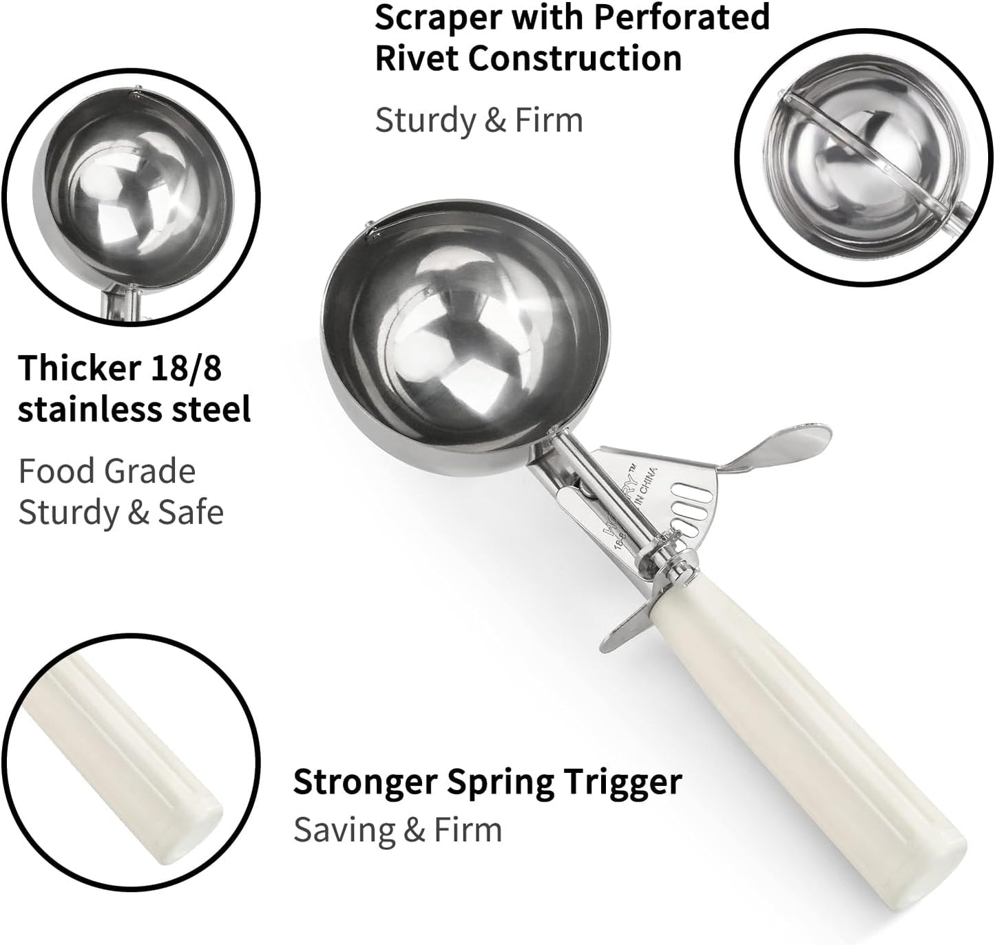 Portion Scoop - Disher, Cookie Scoop, Food Scoop - Portion Control - 18/8 Stainless Steel, Milk White Handle (#10 / 3oz)
