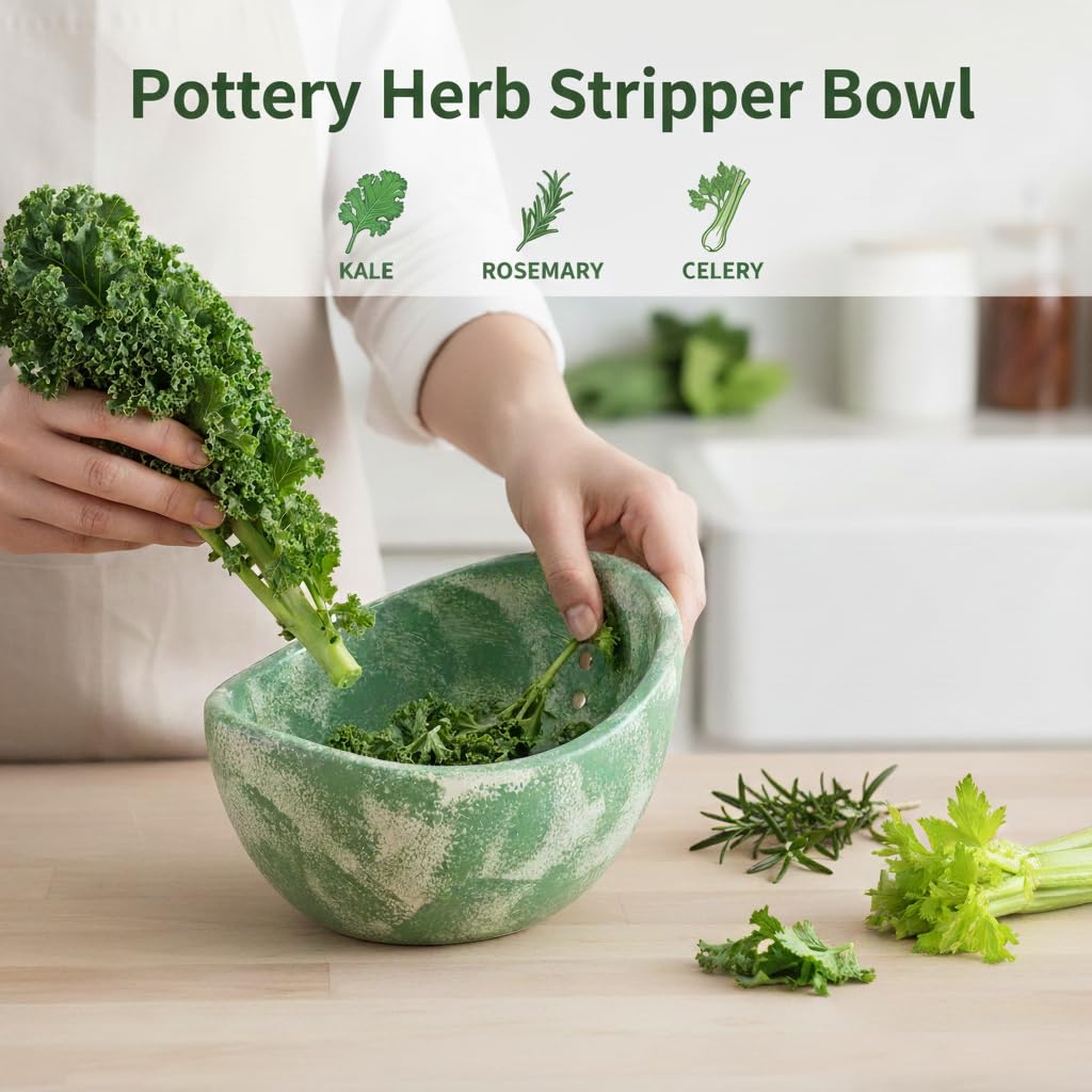 Handmade Ceramic Herb Stripper Bowl, Pottery Herb Stripping Bowl Peeling Cup with Different Hole Sizes for Separating Leaves and Stems (White)
