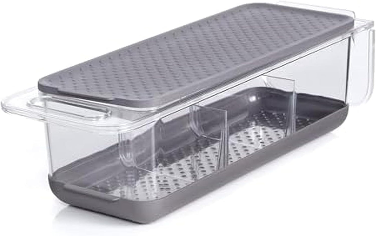 Copco Over the Sink Colander and Fridge Storage Bin with Folding Handle for Rinsing and Storing Fruits and Vegetables, Clear/Gray