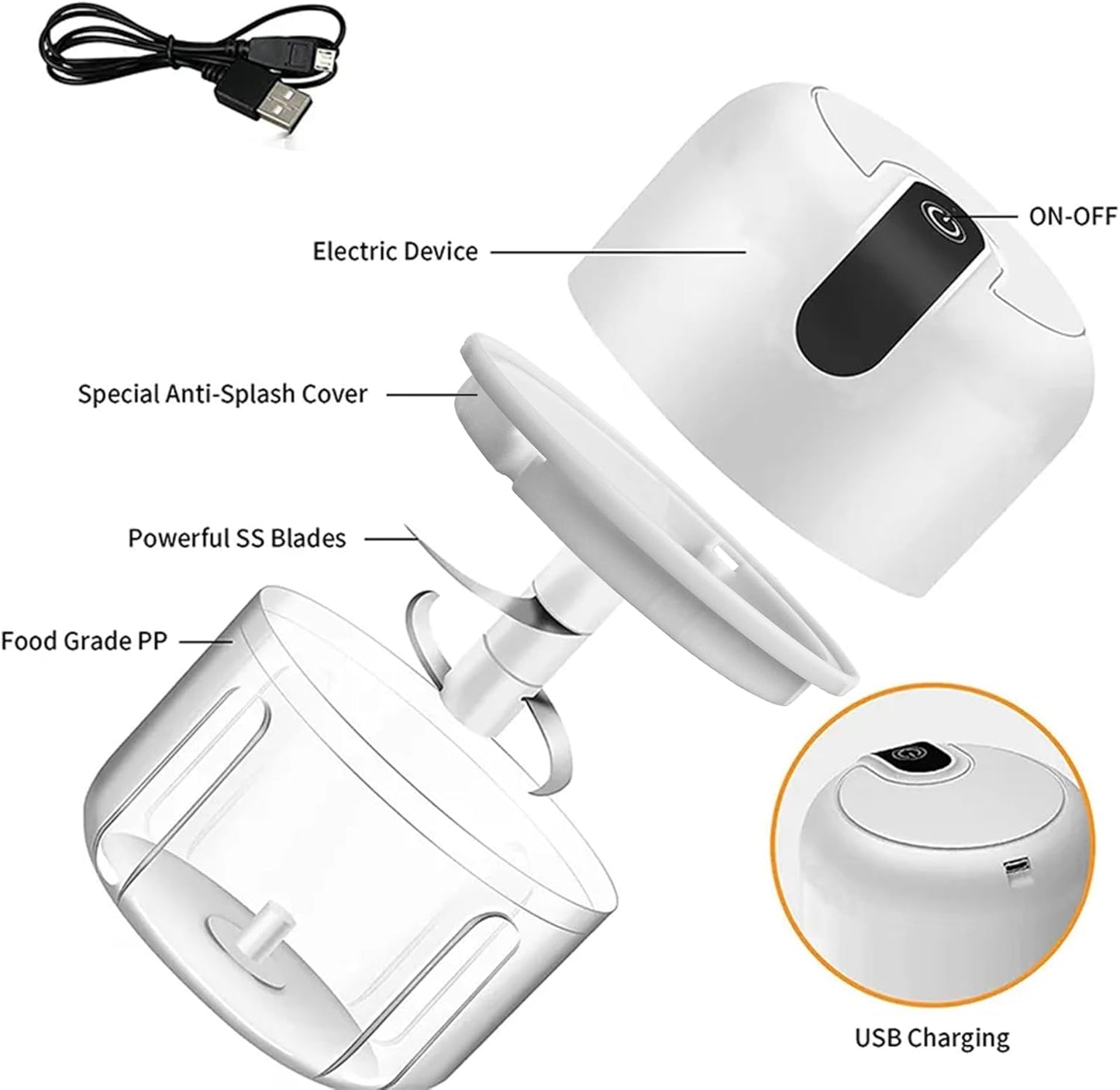 250ML Electric Garlic Chopper, Mini Portable Veggie Choppers, Garlic Grinder Masher Onion Chopper, Blender to Vegetable, Wireless Food Processor for Ginger, Chili, Fruit, Meat, etc