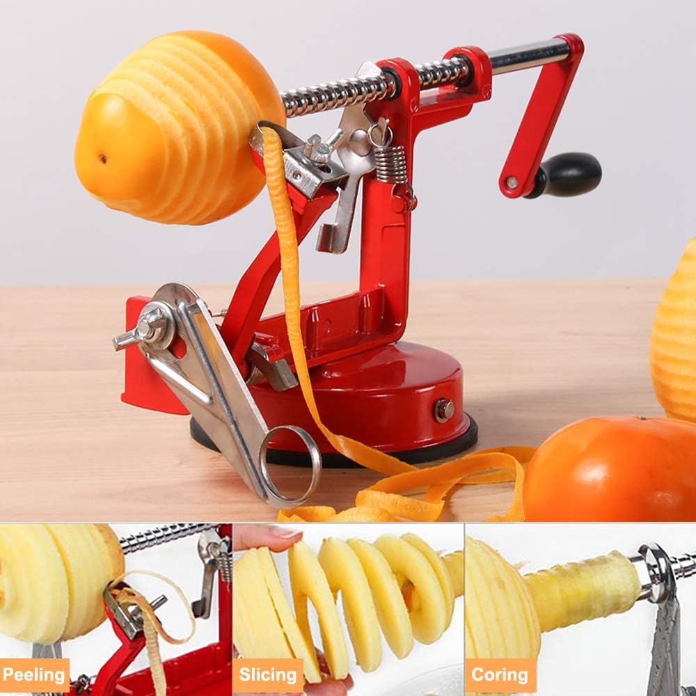 Apple Peeler Slicer Corer 3 In 1, Potato Peelers, Stainless Steel Heavy Duty with Suction Cup Base (vermilion)