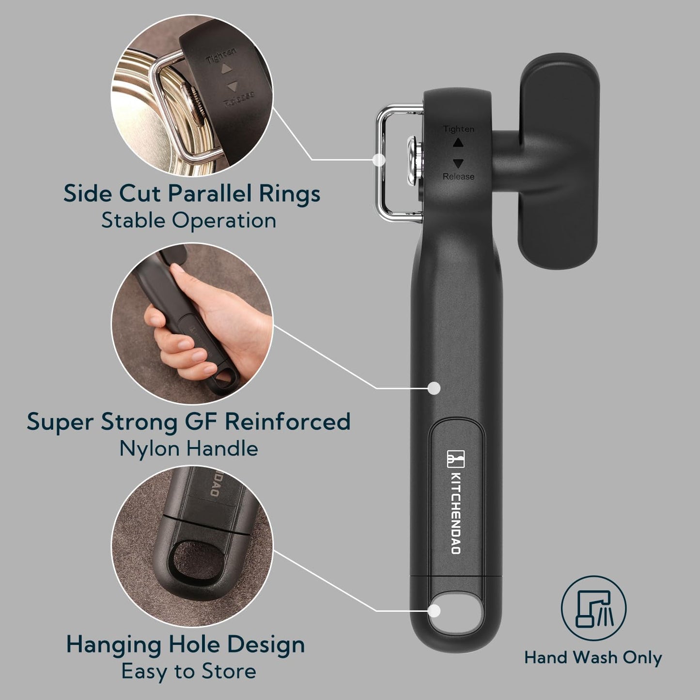 KITCHENDAO Replaceable Can Opener with 3 Extra Blades, Safe Cut Can Opener, Smooth Edge Manual Side Cut, No Sharp Edges Handheld Tin Opener With Super Sharp Replaceable Blade, Black