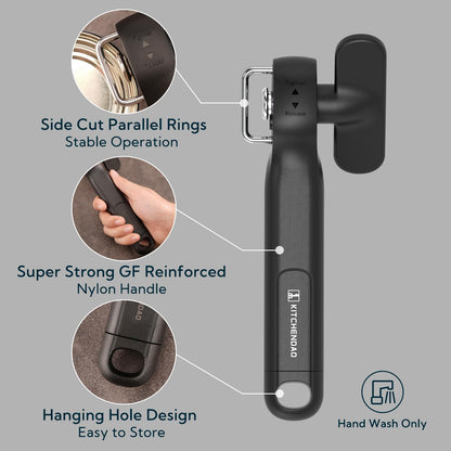 KITCHENDAO Replaceable Can Opener with 3 Extra Blades, Safe Cut Can Opener, Smooth Edge Manual Side Cut, No Sharp Edges Handheld Tin Opener With Super Sharp Replaceable Blade, Black