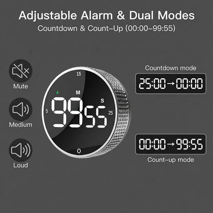 Rechargeable Magnetic Kitchen Timer, LED Countdown/Count-Up Timer, Supports USB-C Charging, with Loud Alarm, 3 Preset Quick Times (5/15/25m), Perfect for Kitchen Cooking, Studying, and Fitness