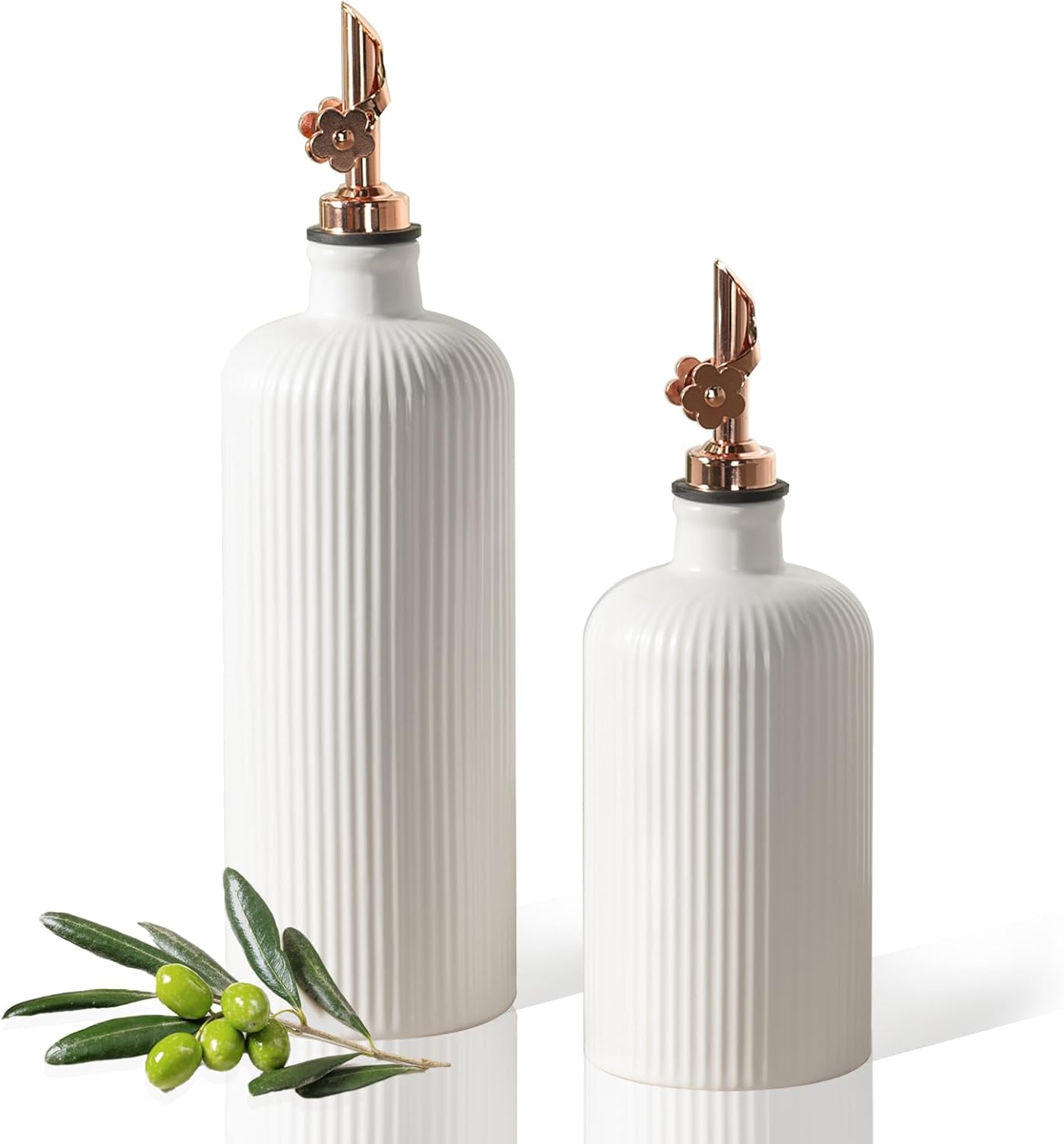 Dizada Olive Oil Dispenser Bottle Set of 2 (22 Oz + 14 Oz) - Porcelain Oil and Vinegar Bottles with Stainless Steel Spout, Ceramic Kitchen Cruet, Dishwasher Safe