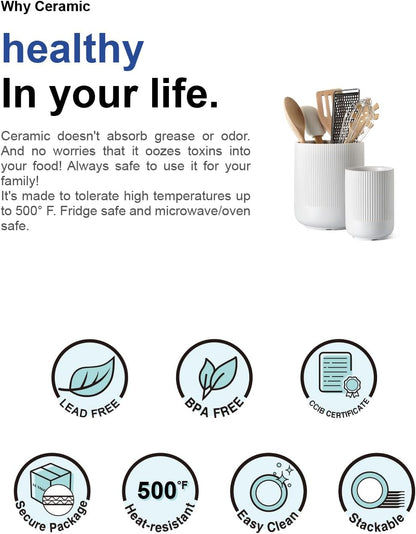LE TAUCI Utensil Holder for Kitchen Counter, 7.3"+5.4" Fluted Ceramic Utensil Crock Organizer for Countertop, Heavy Large Holder for Spatulas, Spoons, Set of 2, White, Kitchen Counter Decor